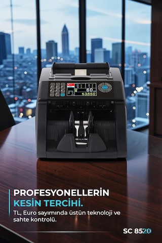 SC8520 Karışık Para Sayma Makinesi, TL ve Euro Karışık, Usd Adet Sayım  + Müşteri Ekranı