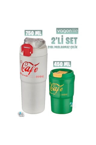 Vagonlife 2'li Çelik Termos-kahve Bardağı Seti 750ml Çift Kullanım Termos//450ml Mug Kahve Bardağı Beyaz - Yeşil