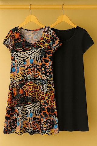 2 Adet Dökümlü Rahat Kalıp Günlük Penye Kumaş Elbise Siyah - Kahverengi