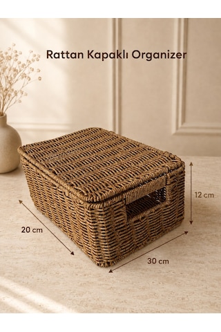 Morponi Rattan Kapaklı Düzenleyici Sepet Çok Amaçlı Banyo Ve Mutfak Organizeri 30x20x12 Cm Tk Sarı