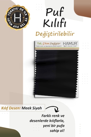 Yıkanabilir Puf Tabure Kılıfı Tak-Çıkar-Değiştir-Yenile Orta Sehpa Kılıfı 40x22 Meek Siyah