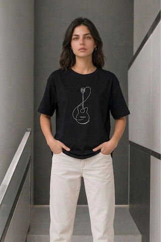 Wear Vexel Kadın Minimal Gitar Baskılı Tişört T-shirt Yazlık Kısa Kol Bisiklet Yaka T-shirt - Siyah Siyah