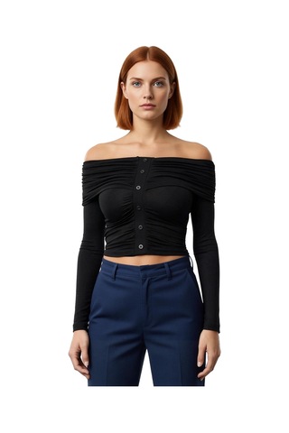 Frm Kadın Off Shoulder Büzgülü Düğmeli Uzun Kollu Crop Üst Kaliteli Ş siyah