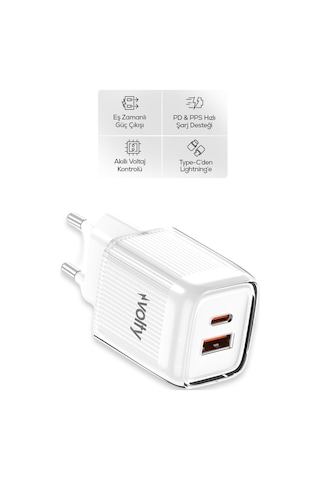 Hızlı Şarj Adaptörü 35w Gan + Lightning Kablo 30w Pd Usb-c&usb-a, Tablet&telefon Beyaz-v0102017