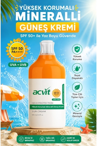 Acvit Yüksek Korumalı ve Mineralli Güneş Kremi SPF50+ 100 ML