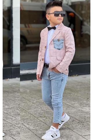 Riccotarz Erkek Çocuk Çizgili Blazer Ceket Kot Pantolon Pudra Şeker Alt Üst Takım Pembe