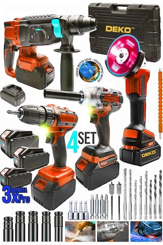 Deko DKMG4 4'lü Set 21V 3.0ah Şarjlı Taşlama + Hilti + 10 MM Darbeli Matkap + Somun Sıkma Makinesi