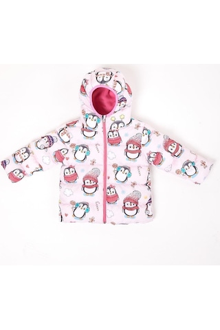 Spor Kız Çocuk Polarlı Kürklü Kapüşonlu Penguen Şeker Desenli Şişme Mont Parka-103 Pembe