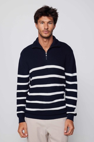 Tudors Erkek Slim Fit Fermuarlı Dik Yaka Çizgili Pamuklu Kazak-28901-multi Çok Renkli