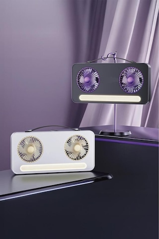 Led Işıklı Çift Fanlı Mini Masaüstü Vantilatör 1200mah Şarjlı Taşınabilir Fan