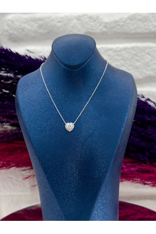 925 Ayar Gümüş Tektaş Kalpli Desenli Popüler Kadın Kolye Gümüş