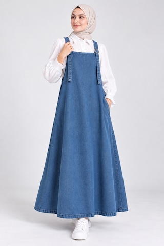 Bul-al Kadın Denim Jile Elbise Tokalı Askılı Uzun Jean Elbise Mavi