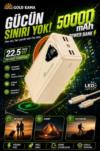 50000 Mah Akıllı Çip Korumalı Güç Deposu - 22.5w Ultra Hızlı Taşınabilir Şarj Cihazı Bej