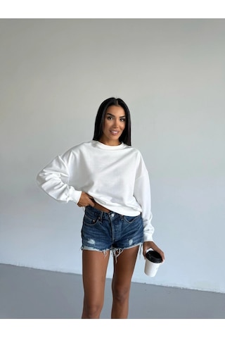 Kadın Beyaz Bisiklet Yaka 2 İplik Sweatshirt Hzl25w-fry123391 Beyaz