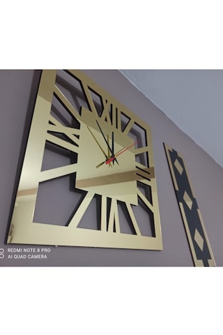 Altın Renk Aynalı Pleksi Modern Tasarım Yuvarlak Duvar Saati Tablo 3 Lü Set Sessiz Mekanizma Saat 40x40cm Tablo 50x20 Cm Gold - Siyah