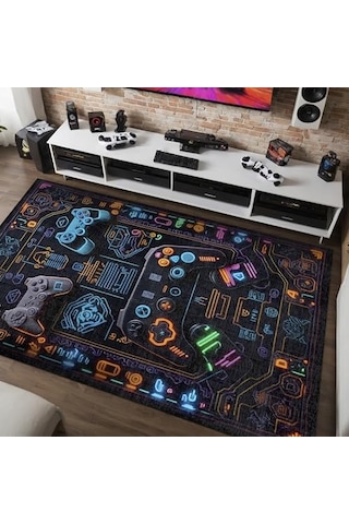Oyuncu Odası Halısı Kaymaz Pamuk Tabanlı Yıkanabilir Antibakteriyel Gamer Gaming Halısı 140x200 Çok Renkli