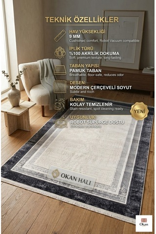 Premium Modern Çerçeveli Salon Halısı - 9mm Hav Yüksekliği, Pamuk Taban, Vizon Antrasit Geçişli Gümüş