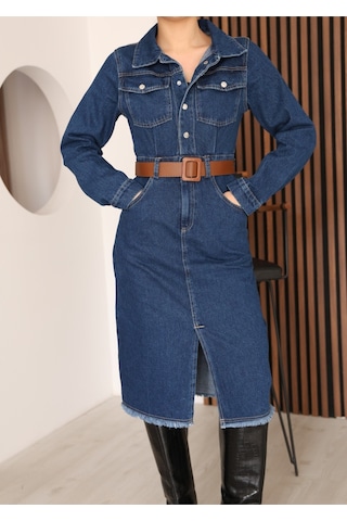 Kene Jeans Lacivert Kemerli Uzun Kol Çıtçıt Kapamalı Ön Yırtmaçlı Etek Püsküllü Elbise Lacivert
