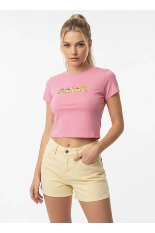 Park Karon 26025 Pamuk Desenli Crop Boy Bisiklet Yaka Örme Bluz Pembe 40