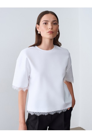 Dilvin 32826 Dantel Detaylı Kısa Kollu T-shirt-beyaz