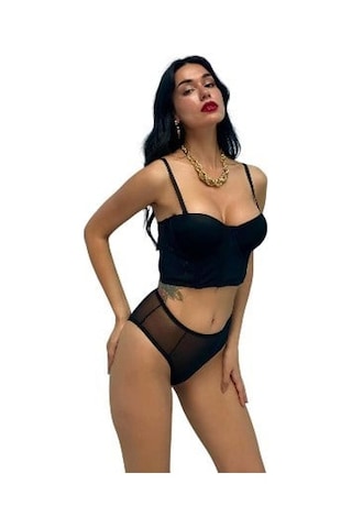 Onsekiz18shop Destekli Mor Simli Pırıltılı Siyah Büstiyer Takım