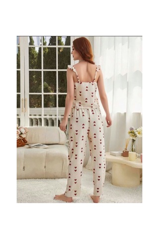 Motto10 Butik Kadın Ekru Kırmızı Kalp Desenli Yumuşak Pamuklu Uzun Pijama Takımı 5136