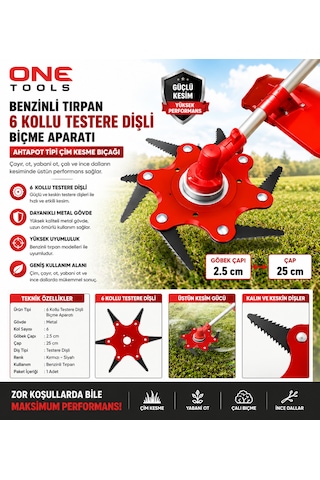 One Tools Benzinli Tırpann Metal Çim Çayır Biçme Kesme Aparatı 6 Kollu Testere Dişli Bıçkı Ahtapot