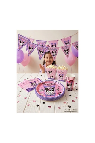 Kuromi 16 Kişilik Doğum Günü Parti Seti Tabak Bardak Peçete Balon Flama Mısır Kutusu Mor Pembe
