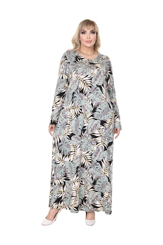 Melsay Butik Yeşil Beyaz Tropik Desen Uzun Kollu Kadın Tesettür Elbise Yeşil