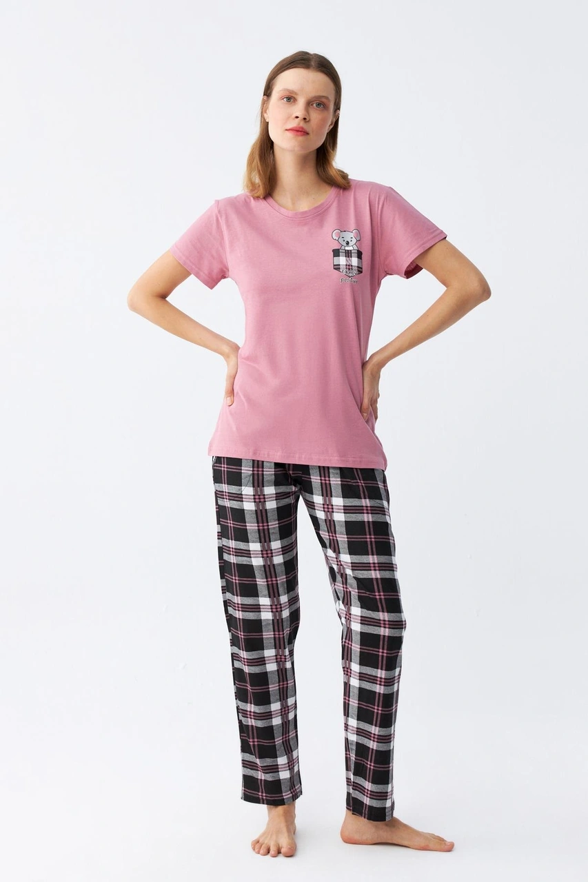 Akbeniz Kadın Somon Ayıcık Baskılı Ekoseli Penye Pijama Takımı SOMON
