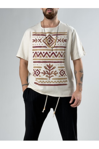 Cocopelli Bordo Etnik Tasarım Erkek T-shirt Coc2871 Bej