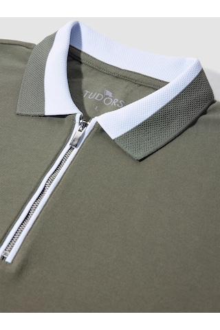 Tudors Erkek Slim Fit Dar Kesim %100 Pamuk Düz Pike Fermuarlı Haki Polo Yaka Tişört-31110-haki Haki