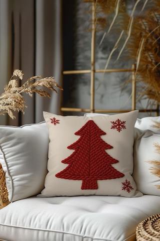 2 Li Yılbaşı Desenli, Çift Taraflı Baskı, Kırlent Kılıfı Seti Beyaz-Kırmızı