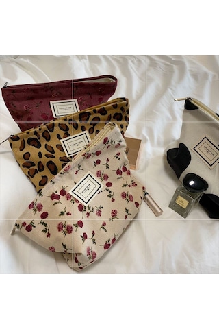 Geeksen Kadınlar İçin Vintage Leopar Desenli Fleece Makyaj Çantası - Hafif, Taşınabilir Seyahat & Dış Etkinlik Depolama Çantası Pembe Gül Koyu Gri