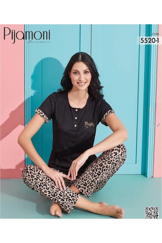Pijamoni Kadın Viskoz Likralı Düğme Yaka Kaşkorse Patlı Kısa Kol Pijama Takımı 5520-1 / 1 Adet Siyah