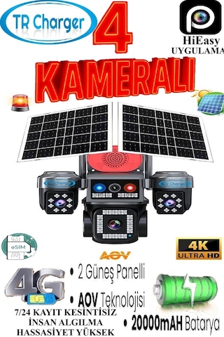 4 Kameralı E-sım Güneş Enerjili Güvenlik Kamerası Çift Güneş Pa