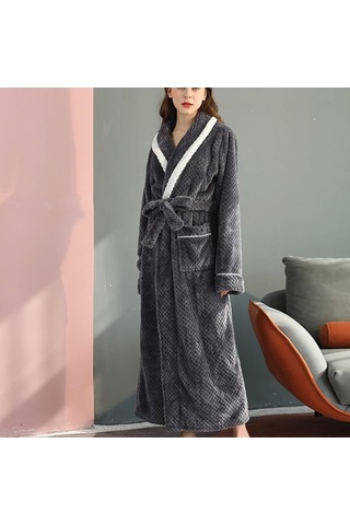 Flybuy Bayan Sabahlık Flanel Cepli Bornoz Kadın Erkek Kış Gecelik Uzun Kollu Sıcak Bornoz Gri
