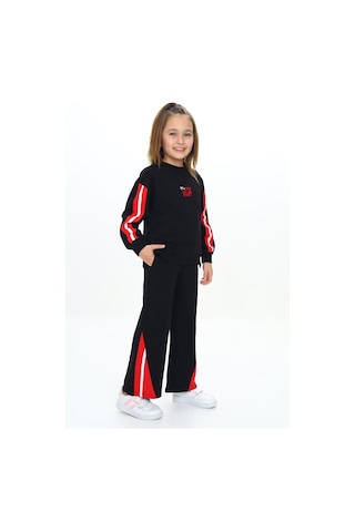 Toontoy Kids Toontoy Kız Çocuk 2'li Takım Baskılı Kolej Yaka Fermuarlı Reglan Kol Sweatshirt & Beli Paçası Ribanalı Jogger Eşofman Altı - 2 İplik Siyah