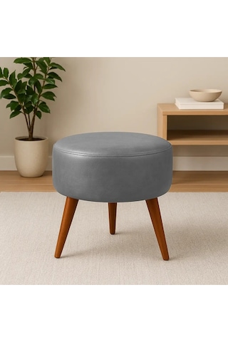 Waterybrook Suni Deri Puf - Ceviz Ahşap Ayaklı - Retro Modern Tasarım & Dekoratif Sehpa Gri