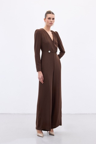 Sateen Kruvaze Süs Taşlı Krep Tulum - Kahve-136567 Kahve