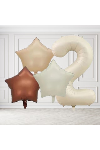 2 Yaş Retro Krem Bej Kahverengi Yıldız Folyo Balon Seti Krem Rakamlı Doğum Günü Şık Parti Süsleme Çok Renkli