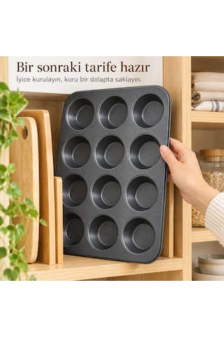 Tilbe Home 12 Gözlü Muffin Cupcake Kek Kalıbı, Karbon Çelik Çift Kat Yapışmaz Kaplamalı Fırın Tepsisi, Brownie, Kurabiye Ve Çörek İçin Porsiyonluk Piş Siyah