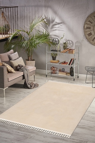 Valeryhome Vl Comfort Peluş Halı Beyaz Düz Saçaklı Bej Ponpon Saçak