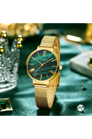 Padalink Curren Kadın Kuvars Saat, 3atm Su Geçirmez, Zümrüt Rengi Ağı Tel Bantlı, Altın Kasa, Klasik Tasarım, Kol Saati Gold