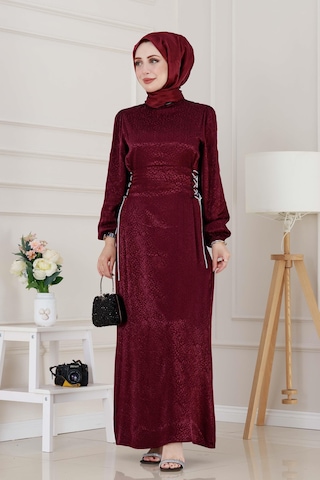 Buse Yanı Bağcıklı Saten Abiye-bordo-4997