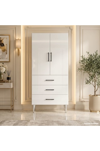 Monaco Çok Amaçlı Dolap 60 Cm 2 Kapak 3 Çekmece Parlak Beyaz - Çok Amaçlı Banyo Dolabı Gri