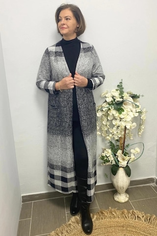 Mia Butik Büyük Beden Gri Desenli Uzun Hırka Gri