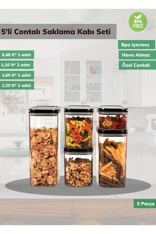 5 Li Saklama Kabı Seti Bpa Free Sızdırmaz Erzak Kabı Hava Almaz Bakliyat Kutusu Şeffaf