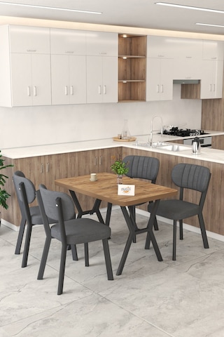 Gnr 70x110cm Sabit Atlantik Mutfak Masası Takımı, Yemek Masası, 4 Modern Antrasit Sandalye Antrasit