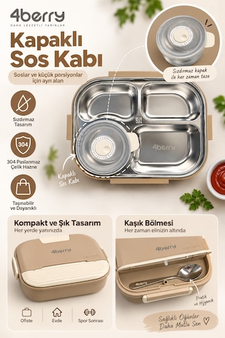 4 Bölmeli Yemek Termosu 1500 Ml Paslanmaz Çelik, Sızdırmaz, Kaşıklı Ve Sos Kaplı Beslenme Kutusu Kahverengi